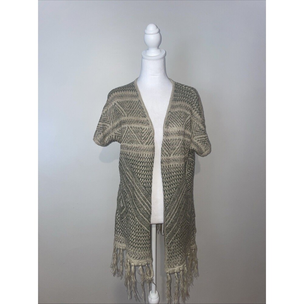 Natural Reflections Boho Tribal Fringe Kimono Vest L Aztec Festival Beige
